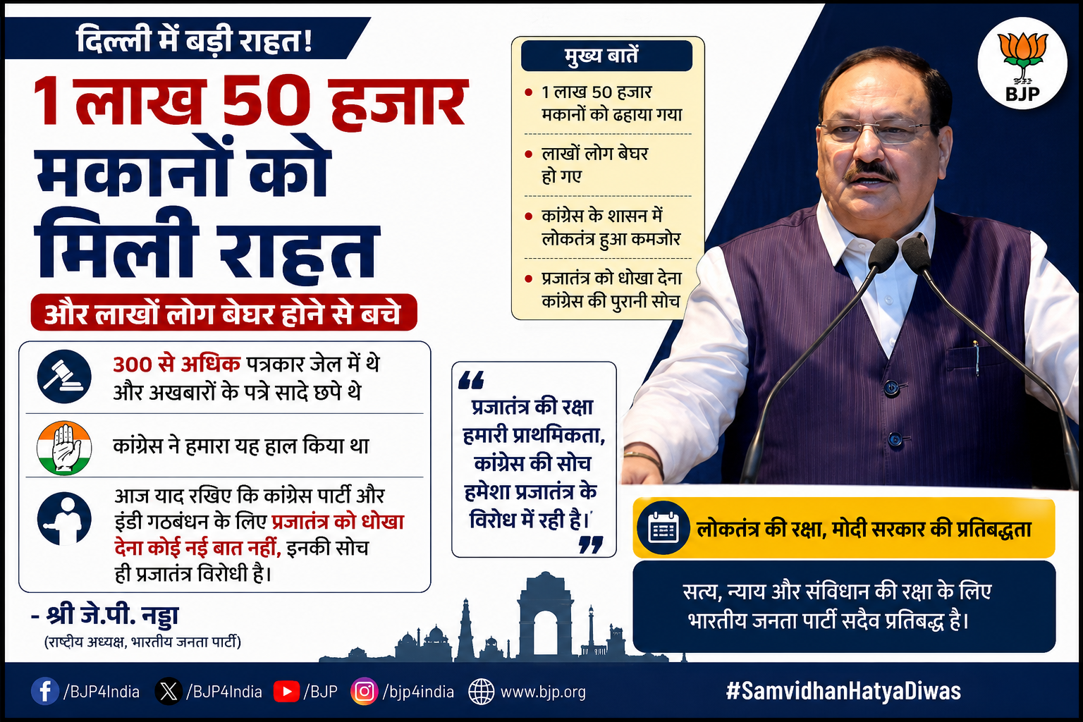 भाजपा अध्यक्ष जेपी नड्डा का आपातकाल पर बयान, बीजेपी के आधिकारिक X पोस्ट का दृश्य।