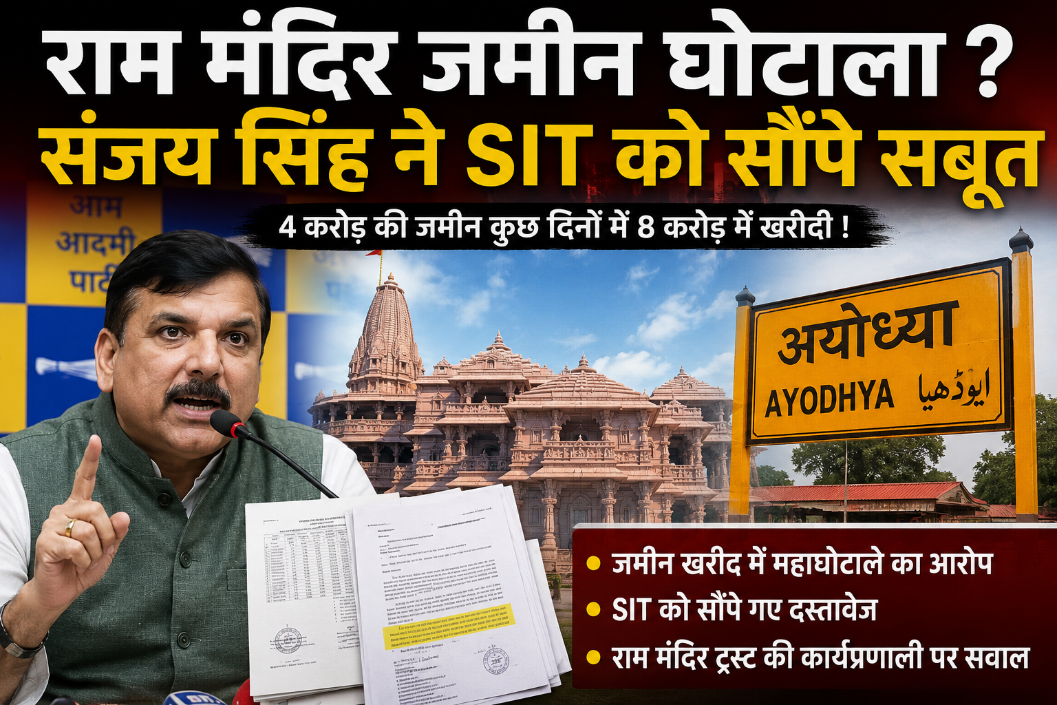 AAP सांसद संजय सिंह राम मंदिर भूमि खरीद मामले में कथित दस्तावेज SIT को सौंपते हुए, अयोध्या जमीन घोटाले पर बड़ा दावा।